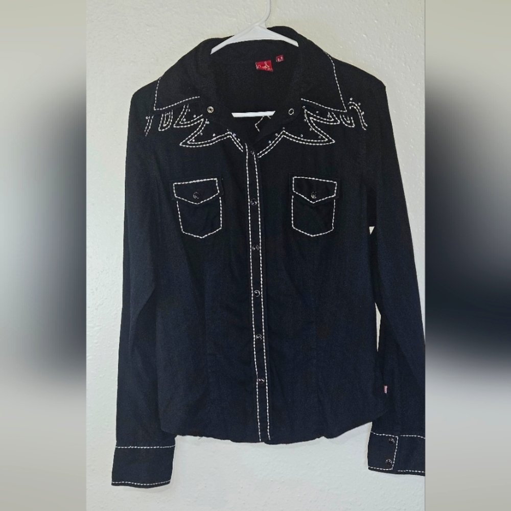 Cruel Girl Black Western Shirt Size L Embroidered Cross Rockabilly Cowgirl Goth